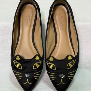 Thalia Sodi Freda 5 Cat Lover Flats Black Gold Embroidered Rhinestone Whimsical‎